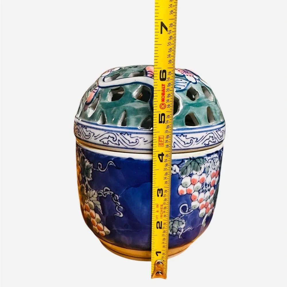 Vintage 2 Porcelain Chinoiserie Flower Frog Vase. Hand-painted Floral Greenery